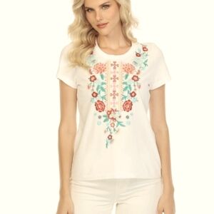 DRIFTWOOD WHITE CLASSIC TEE T-SHIRT GREEN CORAL FLORAL EMBROIDERY WOMEN LARGE